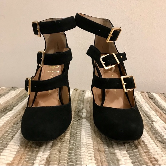 Vince Camuto ‘Gillee’ black suede and yellow metal Salome pumps. Size 6.5 M. EUC - Picture 7 of 13